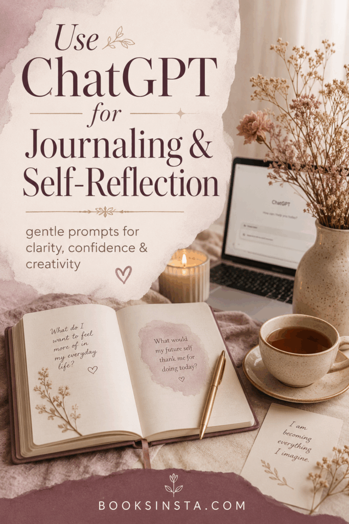 Pinterest pin in soft mauve, dusty rose, and cream tones featuring an open journal, tea cup, candle, dried flowers, and a laptop in the background. Large text reads “Use ChatGPT for Journaling & Self-Reflection” with smaller text “gentle prompts for clarity, confidence & creativity.”