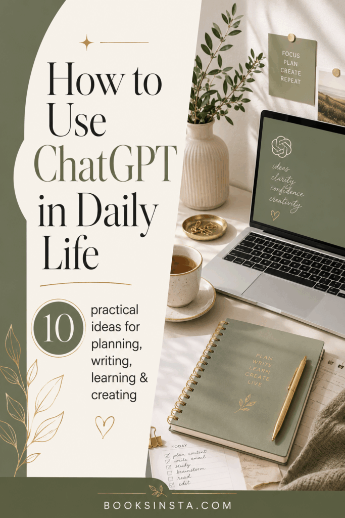 Pinterest pin in a soft sage green and cream palette featuring a feminine desk with a laptop, coffee, notebook, and plant. Large text reads “How to Use ChatGPT in Daily Life” with smaller text “10 practical ideas for planning, writing, learning & creating.