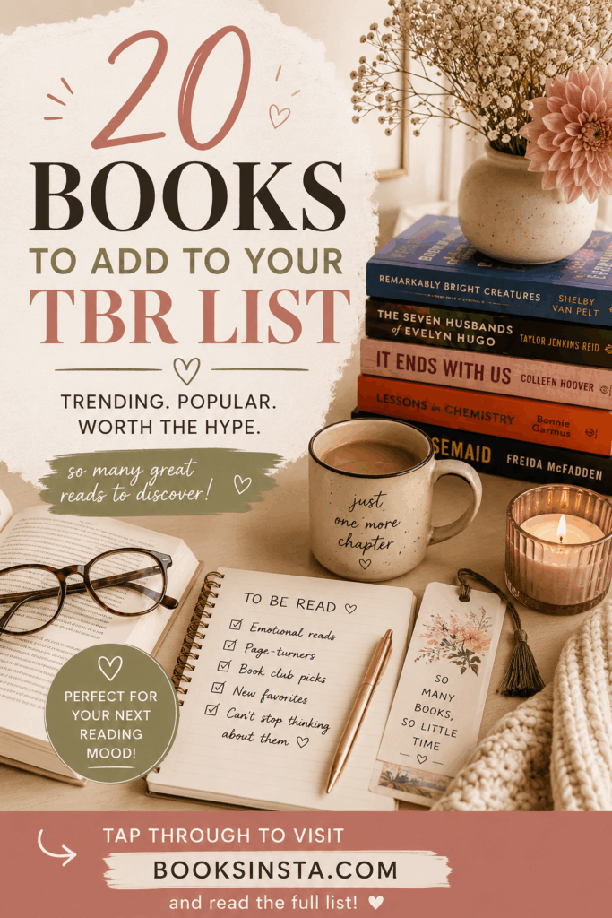 Vertical Pinterest pin with a cozy bookish flat lay featuring a stack of popular books, coffee mug, candle, flowers, open book, glasses, reading notebook, and bookmark. Large text reads “20 Books to Add to Your TBR List,” with a call to action inviting readers to visit Booksinsta.com and read the full list.
