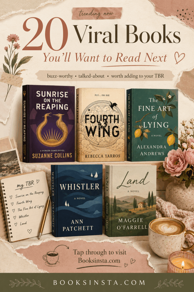 Vertical Pinterest pin in a soft feminine collage style with beige and blush tones, showing book covers including Sunrise on the Reaping by Suzanne Collins, Fourth Wing by Rebecca Yarros, The Fine Art of Lying by Alexandra Andrews, Whistler by Ann Patchett, and Land by Maggie O’Farrell. Large text reads “20 Viral Books You’ll Want to Read Next,” with a call to action inviting readers to visit Booksinsta.com.