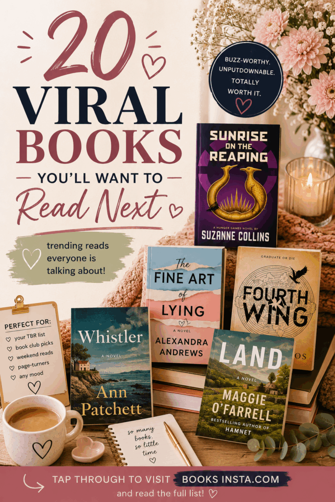 Vertical Pinterest pin with a bright cozy editorial book layout featuring visible book covers for Sunrise on the Reaping, Fourth Wing, The Fine Art of Lying, Whistler, and Land, surrounded by coffee, flowers, candlelight, notebook, and warm bookish decor. Large text reads “20 Viral Books You’ll Want to Read Next,” with a call to action inviting readers to visit Booksinsta.com.