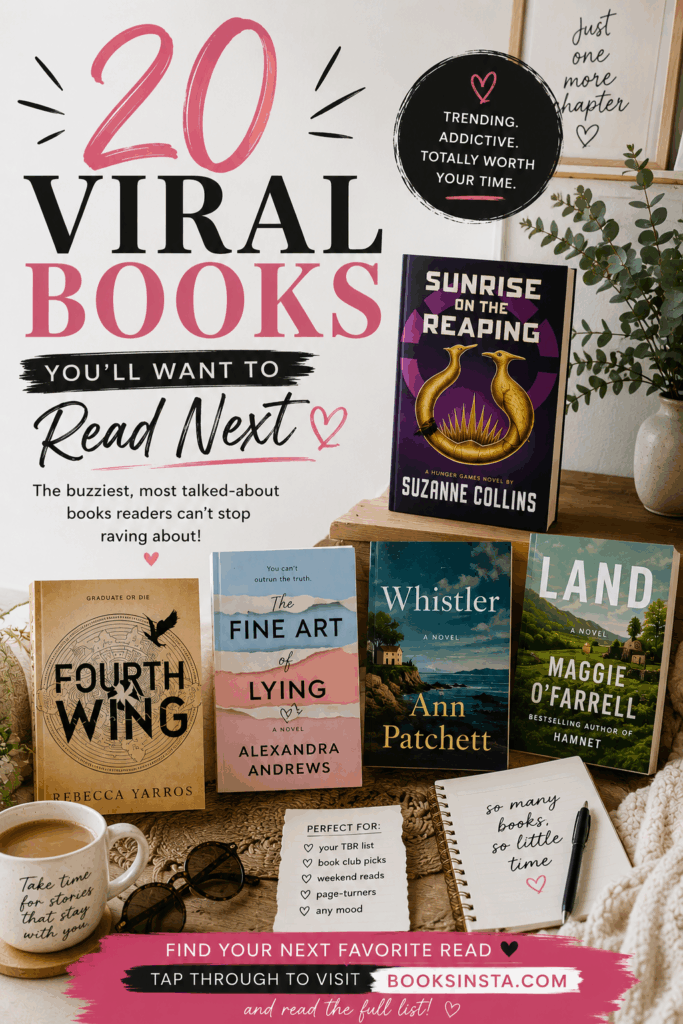 Bright modern Pinterest pin featuring a clean bookish display with visible book covers including Sunrise on the Reaping, Fourth Wing, The Fine Art of Lying, Whistler, and Land. Large text reads “20 Viral Books You’ll Want to Read Next,” with a call to action inviting readers to visit Booksinsta.com and read the full list.