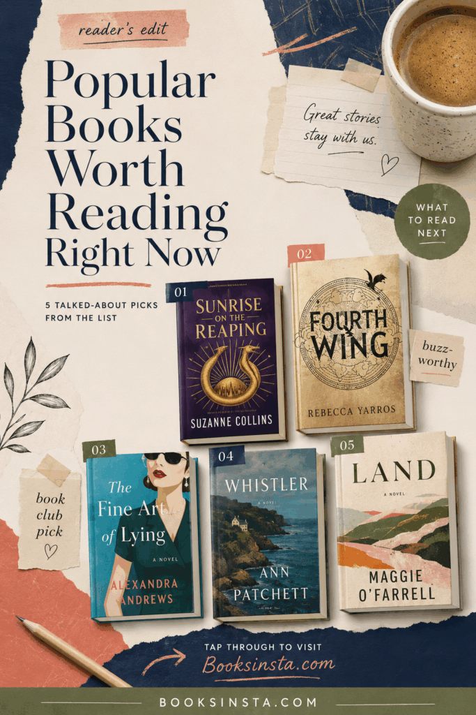 Editorial collage-style Pinterest pin with cream, navy, muted coral, and olive paper textures, showing five featured book covers including Sunrise on the Reaping, Fourth Wing, The Fine Art of Lying, Whistler, and Land. Large text reads “Popular Books Worth Reading Right Now,” with a call to action inviting readers to visit Booksinsta.com.