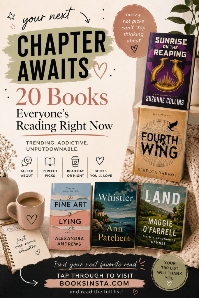 Modern Pinterest pin with cream, sage, blush, and black editorial accents featuring visible book covers including Sunrise on the Reaping, Fourth Wing, The Fine Art of Lying, Whistler, and Land. Large text reads “20 Books Everyone’s Reading Right Now,” with a call to action inviting readers to visit Booksinsta.com and read the full list.
