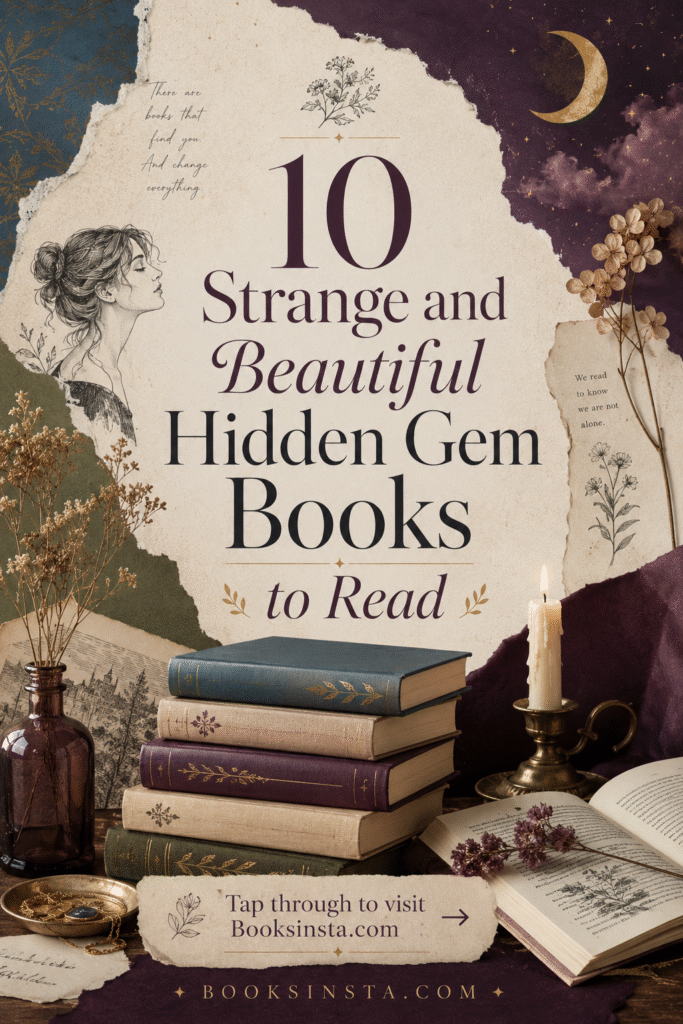 Dreamy vintage collage-style Pinterest pin with textured paper, a moon, dried flowers, candlelight, antique books, an open book, and elegant typography. Large text reads “10 Strange and Beautiful Hidden Gem Books to Read,” with a call to action inviting readers to visit Booksinsta.com.
