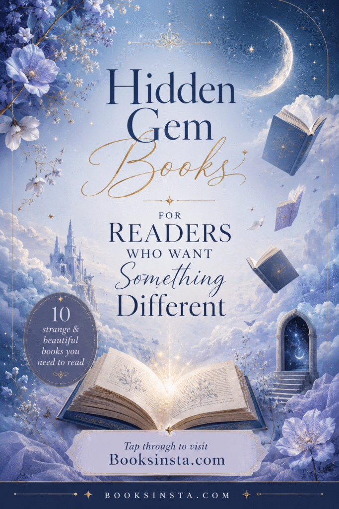 Dreamy blue and lavender Pinterest pin with floating books, moonlight, stars, clouds, pale flowers, and an open glowing book. Large text reads “Hidden Gem Books for Readers Who Want Something Different,” with a call to action inviting readers to visit Booksinsta.com.