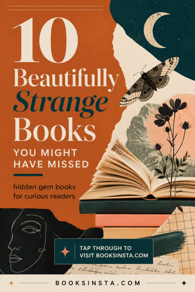 Graphic Pinterest pin in a bold editorial collage style with burnt orange, deep teal, cream, and blush accents. It features a butterfly, moon, open book, stacked books, abstract paper textures, and elegant typography reading “10 Beautifully Strange Books You Might Have Missed,” with a call to action inviting readers to visit Booksinsta.com.