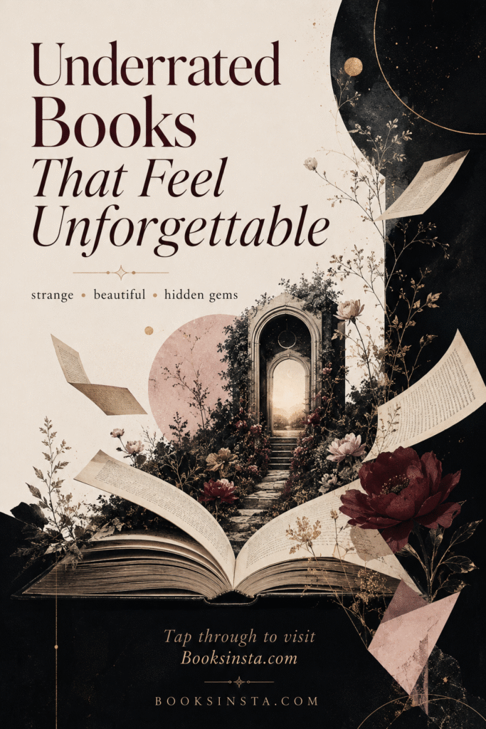 Surreal literary Pinterest pin with an open book turning into a mysterious garden doorway, floating pages, dark floral details, ivory and black background, deep wine flowers, and elegant text that reads “Underrated Books That Feel Unforgettable,” with a call to action inviting readers to visit Booksinsta.com.