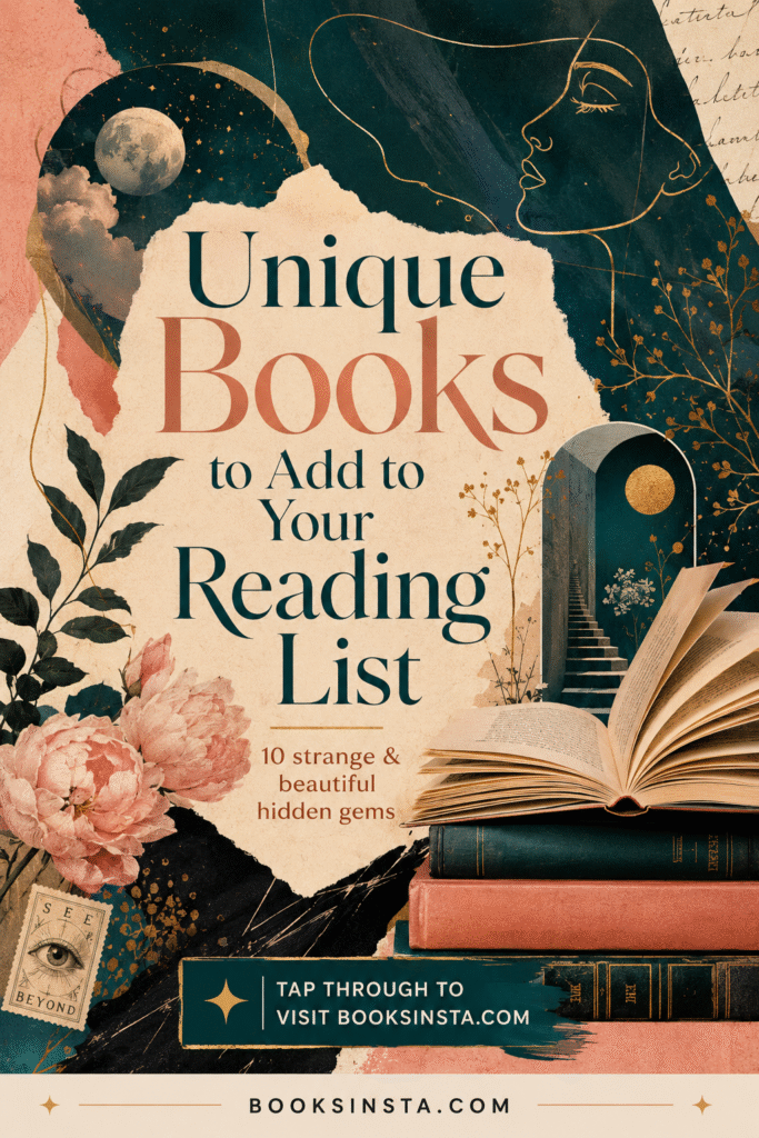 Creative editorial collage-style Pinterest pin with deep teal, blush, cream, and gold accents, featuring flowers, abstract line art, moon imagery, stacked books, and an open book. Large text reads “Unique Books to Add to Your Reading List,” with smaller text about strange and beautiful hidden gems and a call to action inviting readers to visit Booksinsta.com.