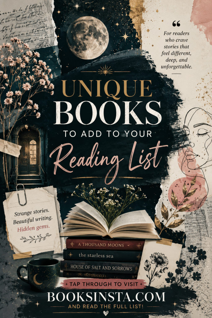 Dark editorial collage-style Pinterest pin with a moonlit window, torn paper textures, dried flowers, a stack of mysterious books, and deep teal, blush, cream, and gold accents. Large text reads “Unique books to add to your reading list,” with a call to action inviting readers to visit Booksinsta.com and read the full list.
