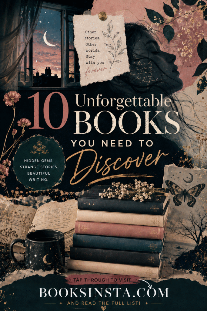 Dreamy dark editorial Pinterest pin with a moonlit window, feminine silhouette, torn paper textures, flowers, butterfly, stacked books without visible titles, and deep teal, blush, cream, and gold accents. Large text reads “10 Unforgettable Books You Need to Discover,” with a call to action inviting readers to visit Booksinsta.com and read the full list.