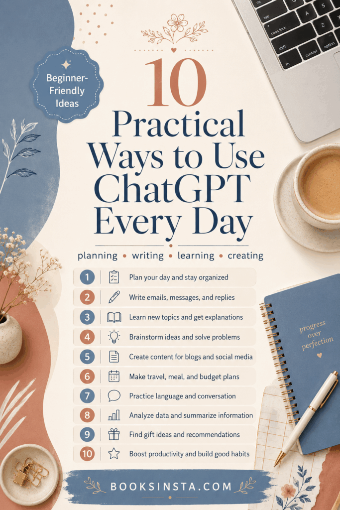 Cream, dusty blue, and muted terracotta Pinterest pin with a feminine desk layout, laptop, coffee, notebook, flowers, and a numbered list. Text reads “10 Practical Ways to Use ChatGPT Every Day,” with examples for planning, writing, learning, brainstorming, creating content, organizing, and productivity.