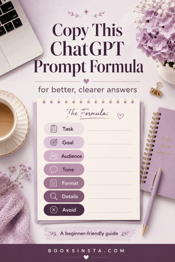Pinterest pin in a soft lavender and cream palette with a feminine desk layout, coffee, notebook, flowers, and a worksheet-style design. Large text reads “Copy This ChatGPT Prompt Formula for better, clearer answers,” with sections for task, goal, audience, tone, format, details, and avoid.