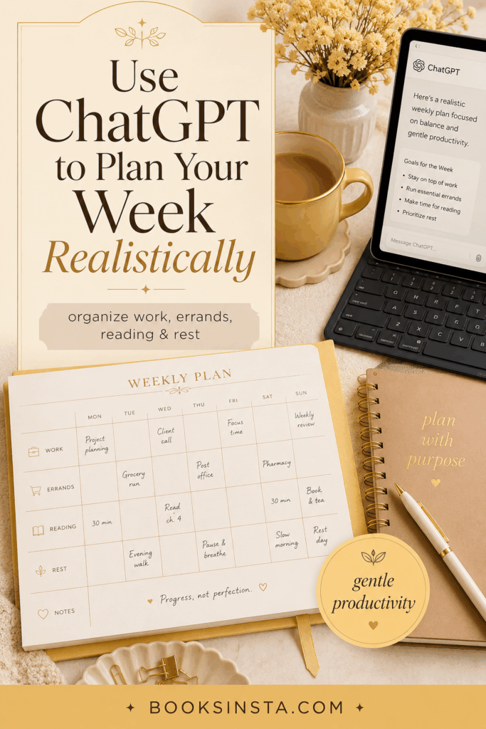 Pinterest pin in a warm cream and golden beige palette featuring a weekly planner, notebook, coffee, tablet, and flowers on a feminine desk. Large text reads “Use ChatGPT to Plan Your Week Realistically,” with smaller text about organizing work, errands, reading, and rest.