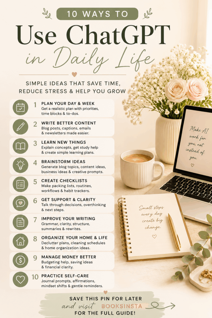 Soft cream and sage green Pinterest infographic showing a feminine workspace with a laptop, coffee, flowers, and notebook. Text reads “10 Ways to Use ChatGPT in Daily Life,” with ideas for planning, writing, learning, brainstorming, creating checklists, organizing life, managing money, and practicing self-care.