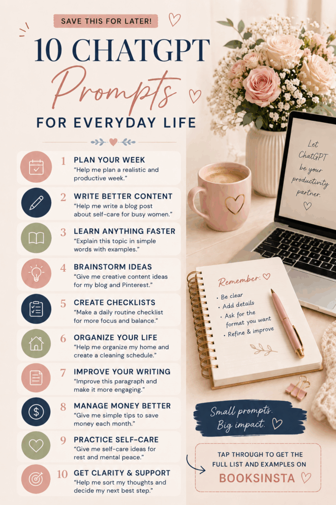 Soft cream, blush, and navy Pinterest infographic with a cozy feminine workspace, laptop, coffee, roses, and notebook. Text reads “10 ChatGPT Prompts for Everyday Life,” with prompt ideas for planning, writing, learning, brainstorming, checklists, organizing life, money, self-care, and clarity.
