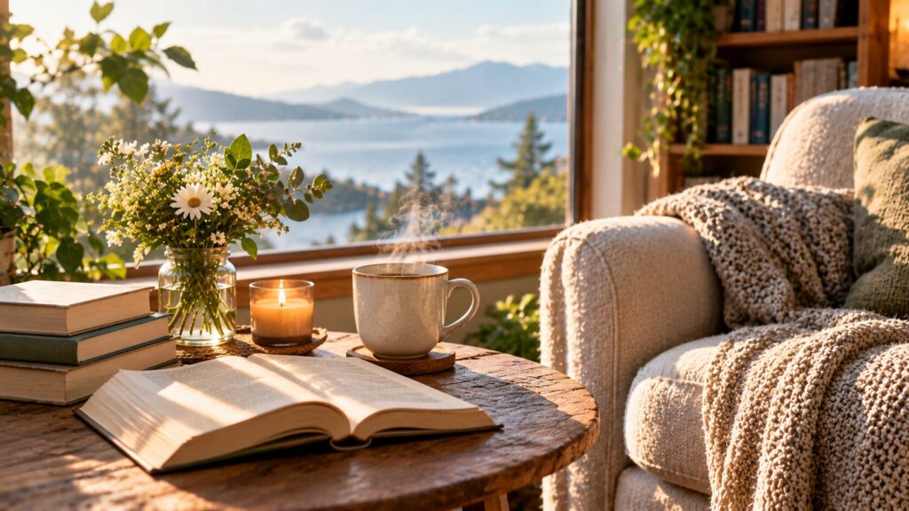 Cozy stack of quiet Sunday afternoon books